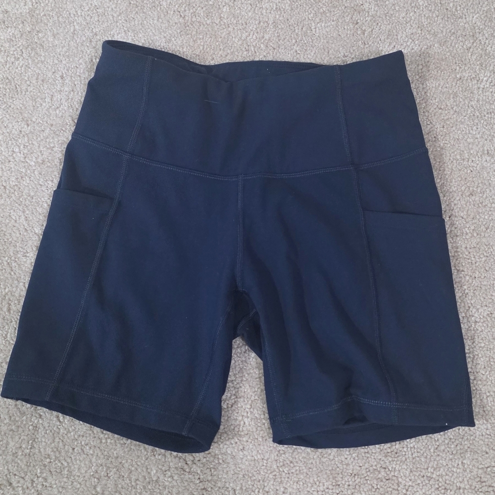 Women's Navy Blue Workout Shorts With Side Pockets Heathyoga